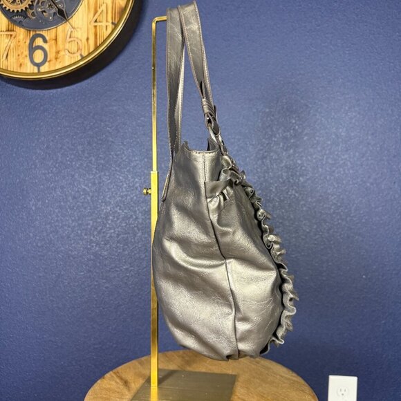 Nine West Y2K Ruffle Gun Metal Silver Satchel Tote Shoulder Bag - Picture 6 of 9